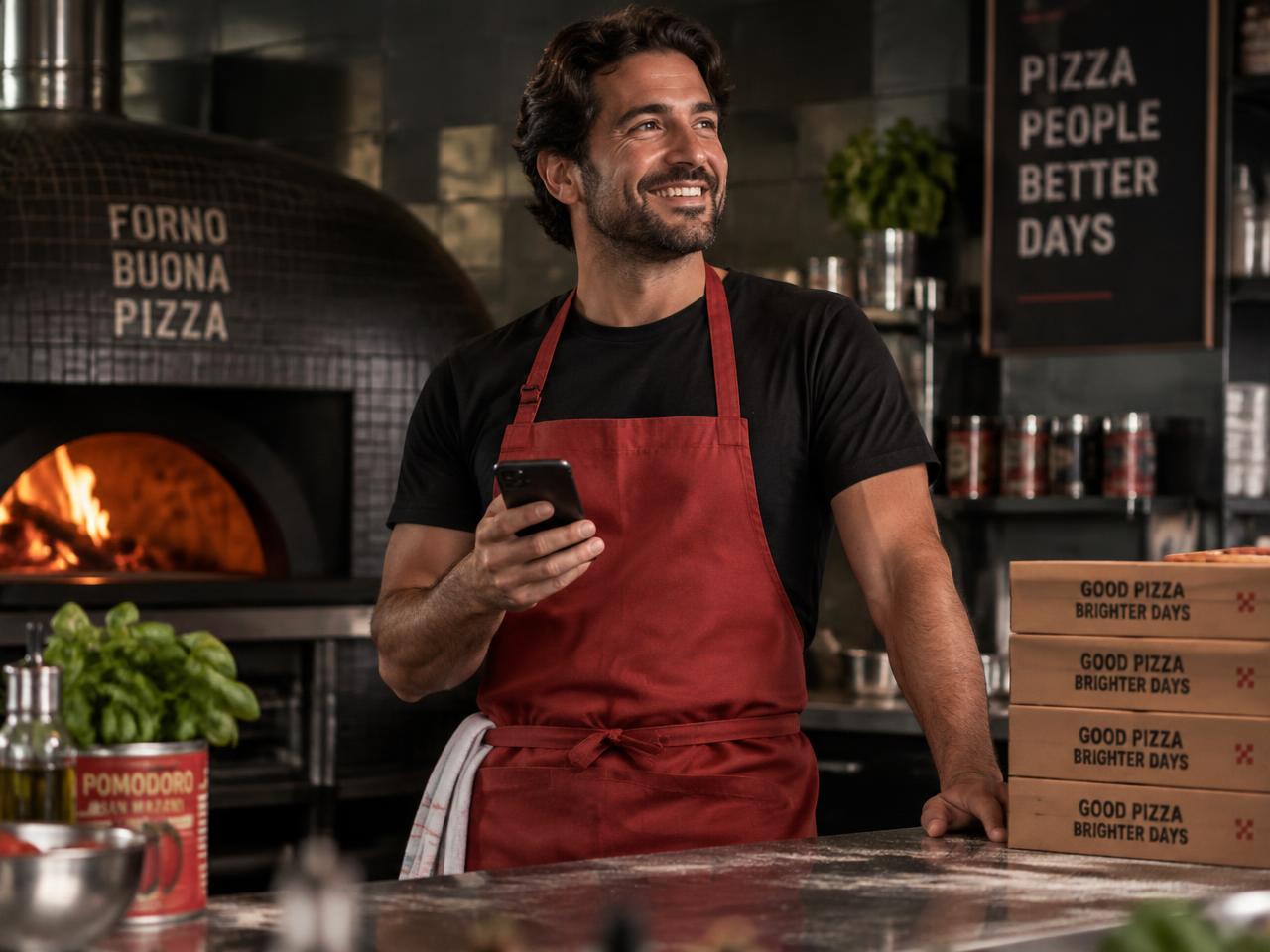 Dono de pizzaria usando o celular para falar com clientes